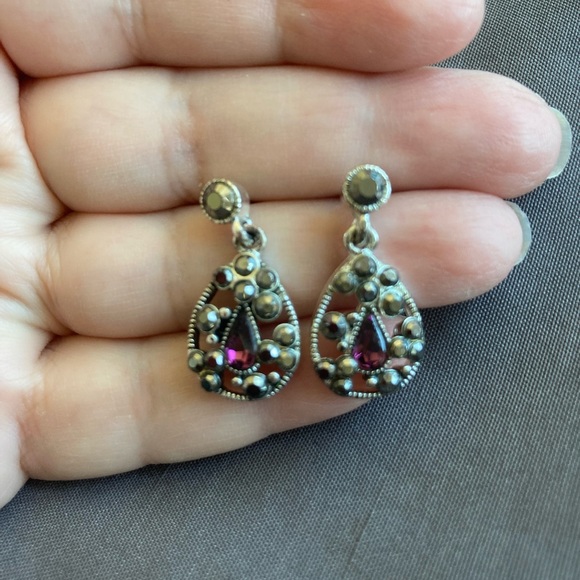 Vintage Dangle Earrings Silver Tone Metal, Amethyst and Marcasite stones - Picture 6 of 8